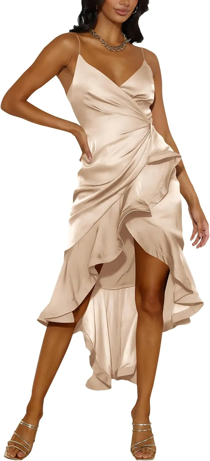 Nova In Sky Womens 2025 Sexy V-Neck Satin Party Cocktail Midi Dress Sleeveless Wrap Ruffle Mermaid Hem Formal Dresses