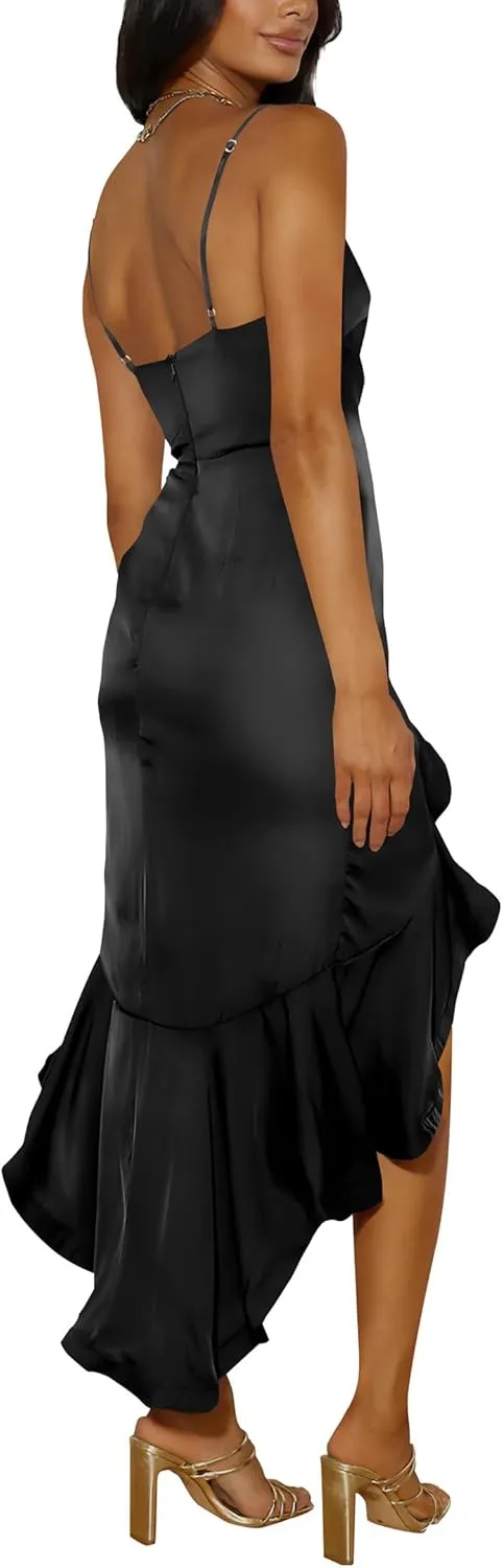 Nova In Sky Womens 2025 Sexy V-Neck Satin Party Cocktail Midi Dress Sleeveless Wrap Ruffle Mermaid Hem Formal Dresses