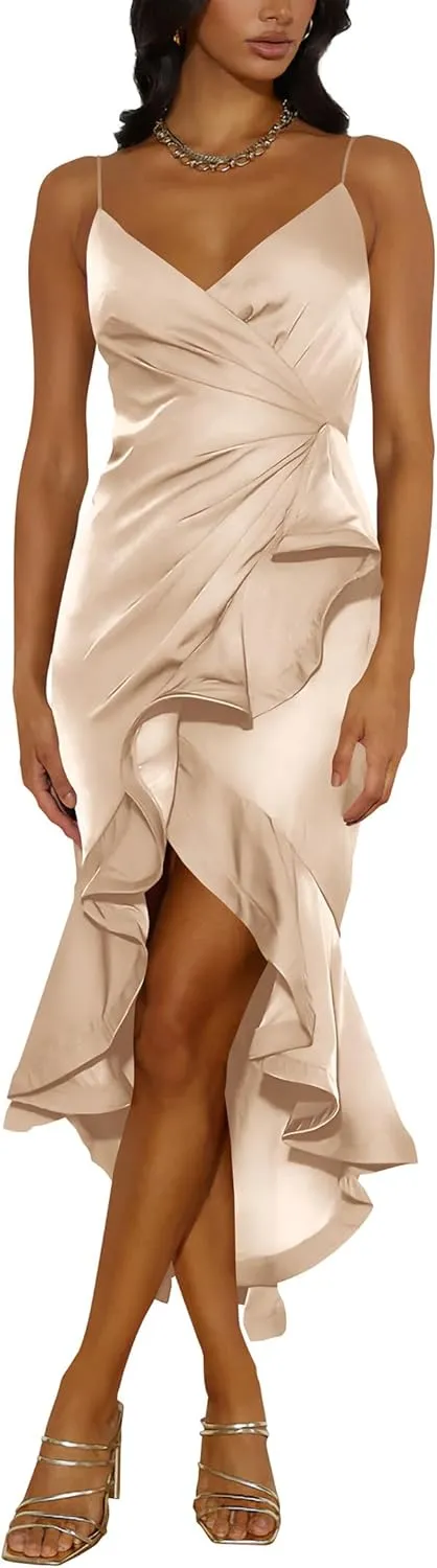 Nova In Sky Womens 2025 Sexy V-Neck Satin Party Cocktail Midi Dress Sleeveless Wrap Ruffle Mermaid Hem Formal Dresses