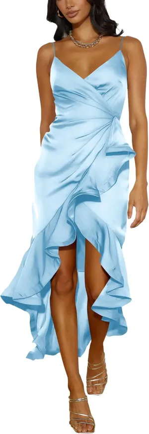 Nova In Sky Womens 2025 Sexy V-Neck Satin Party Cocktail Midi Dress Sleeveless Wrap Ruffle Mermaid Hem Formal Dresses