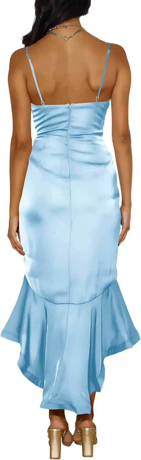 Nova In Sky Womens 2025 Sexy V-Neck Satin Party Cocktail Midi Dress Sleeveless Wrap Ruffle Mermaid Hem Formal Dresses