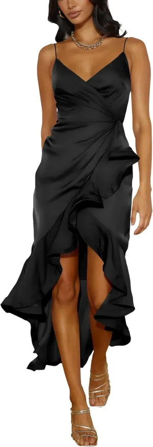 Nova In Sky Womens 2025 Sexy V-Neck Satin Party Cocktail Midi Dress Sleeveless Wrap Ruffle Mermaid Hem Formal Dresses