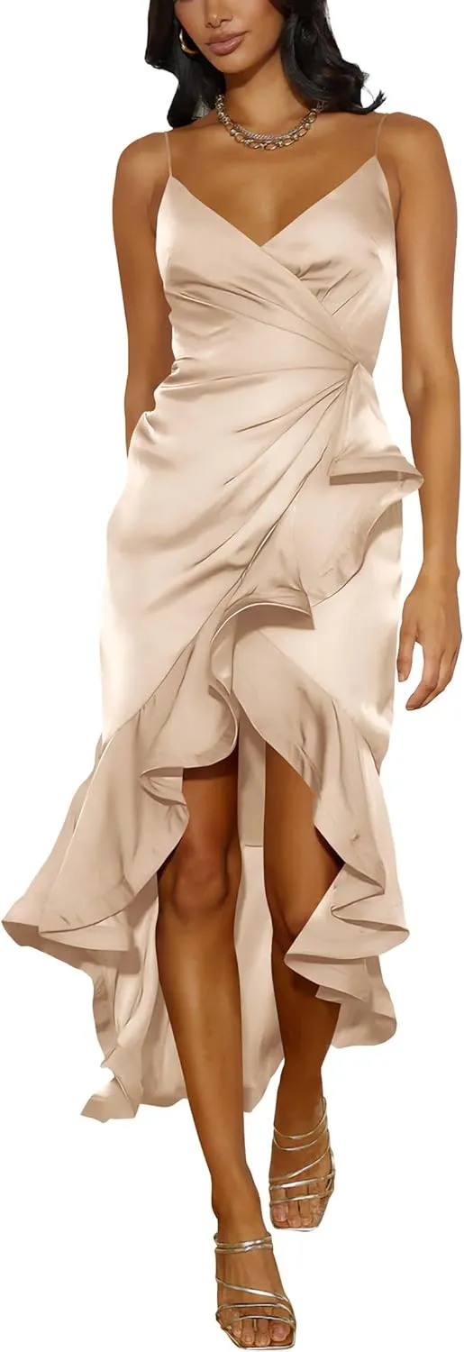 Nova In Sky Womens 2025 Sexy V-Neck Satin Party Cocktail Midi Dress Sleeveless Wrap Ruffle Mermaid Hem Formal Dresses
