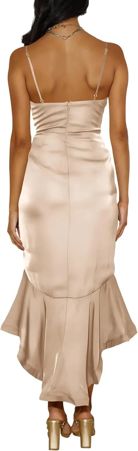 Nova In Sky Womens 2025 Sexy V-Neck Satin Party Cocktail Midi Dress Sleeveless Wrap Ruffle Mermaid Hem Formal Dresses