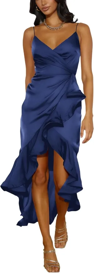 Nova In Sky Womens 2025 Sexy V-Neck Satin Party Cocktail Midi Dress Sleeveless Wrap Ruffle Mermaid Hem Formal Dresses
