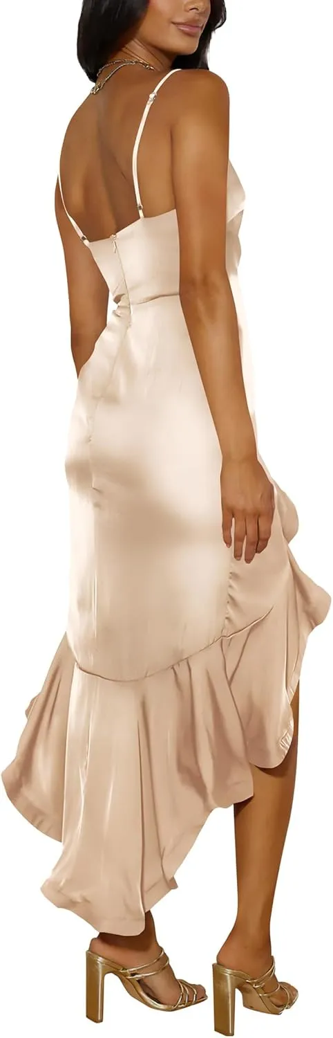Nova In Sky Womens 2025 Sexy V-Neck Satin Party Cocktail Midi Dress Sleeveless Wrap Ruffle Mermaid Hem Formal Dresses