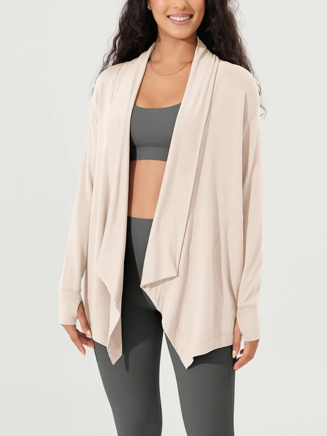 ODODOS Women's Drape Open Front Cardigans Cozy Soft Long Sleeve Casual Wrap Outerwear with Pockets Thumb Hole