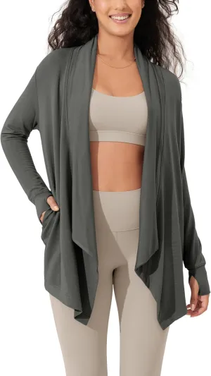 ODODOS Women's Drape Open Front Cardigans Cozy Soft Long Sleeve Casual Wrap Outerwear with Pockets Thumb Hole