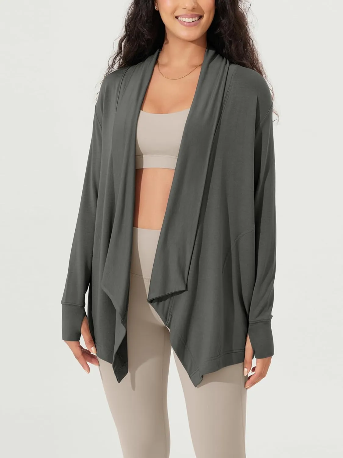 ODODOS Women's Drape Open Front Cardigans Cozy Soft Long Sleeve Casual Wrap Outerwear with Pockets Thumb Hole