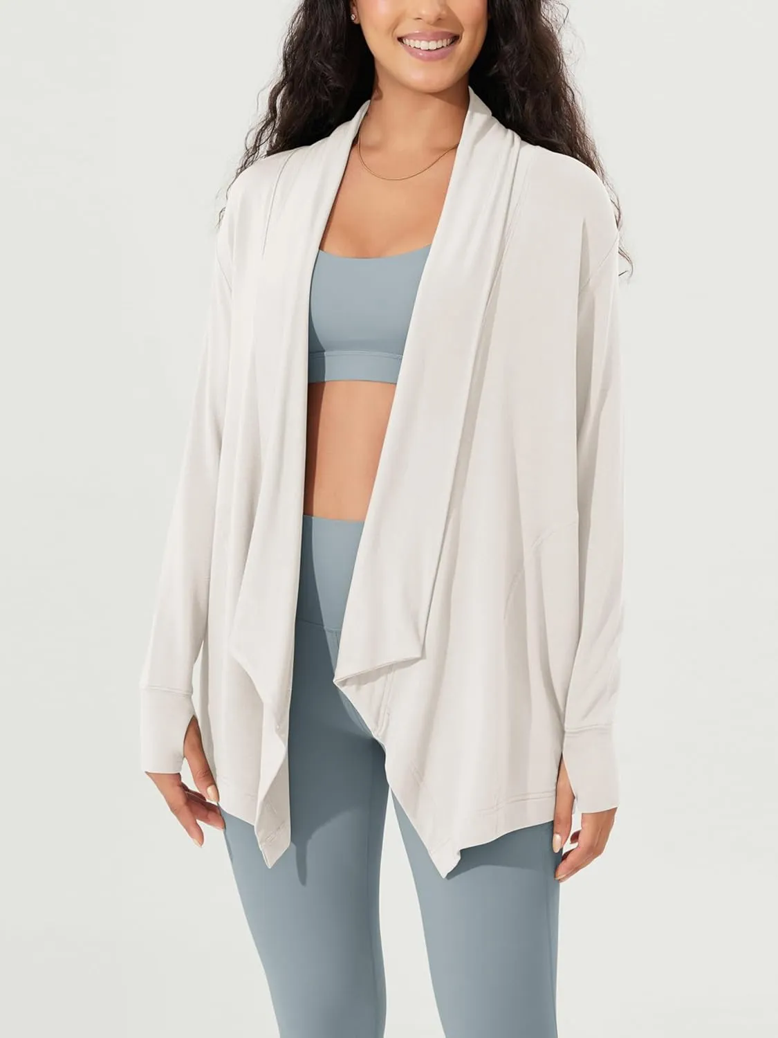 ODODOS Women's Drape Open Front Cardigans Cozy Soft Long Sleeve Casual Wrap Outerwear with Pockets Thumb Hole
