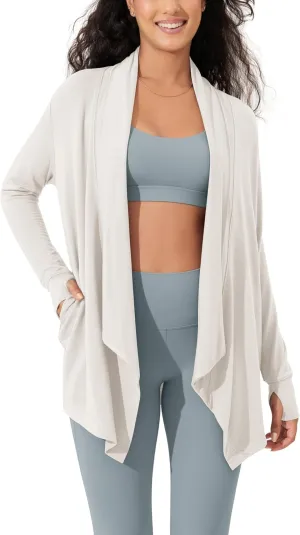 ODODOS Women's Drape Open Front Cardigans Cozy Soft Long Sleeve Casual Wrap Outerwear with Pockets Thumb Hole