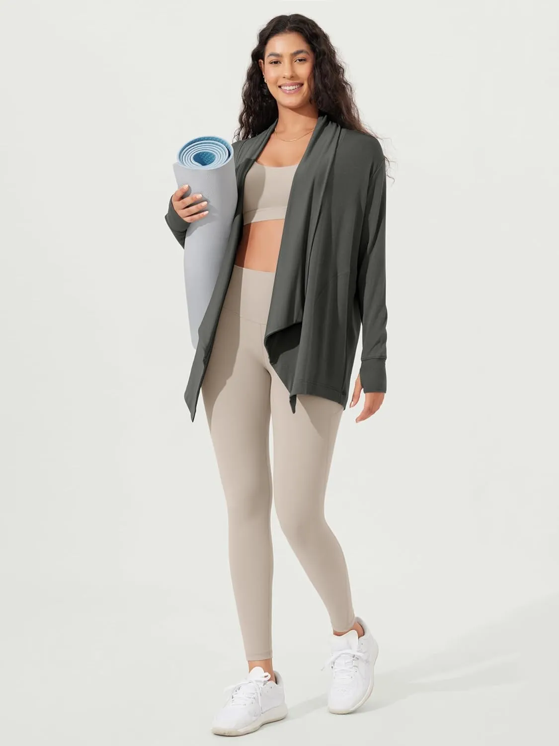 ODODOS Women's Drape Open Front Cardigans Cozy Soft Long Sleeve Casual Wrap Outerwear with Pockets Thumb Hole