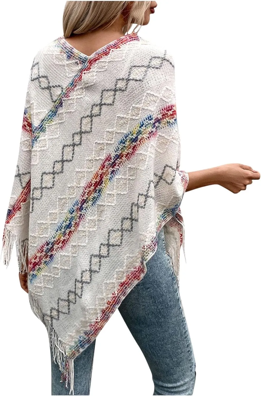 Oplxuo Knit Shawl Wrap Poncho Cape for Women, Ladies Color Block Knitted Cardigan Kimono with Fringe for Fall Winter
