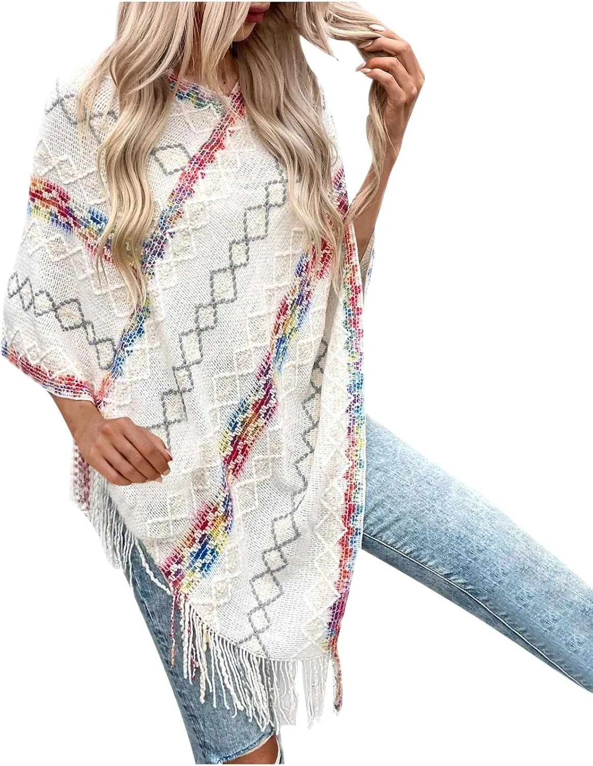 Oplxuo Knit Shawl Wrap Poncho Cape for Women, Ladies Color Block Knitted Cardigan Kimono with Fringe for Fall Winter
