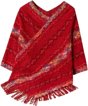 Oplxuo Knit Shawl Wrap Poncho Cape for Women, Ladies Color Block Knitted Cardigan Kimono with Fringe for Fall Winter