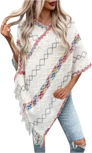 Oplxuo Knit Shawl Wrap Poncho Cape for Women, Ladies Color Block Knitted Cardigan Kimono with Fringe for Fall Winter