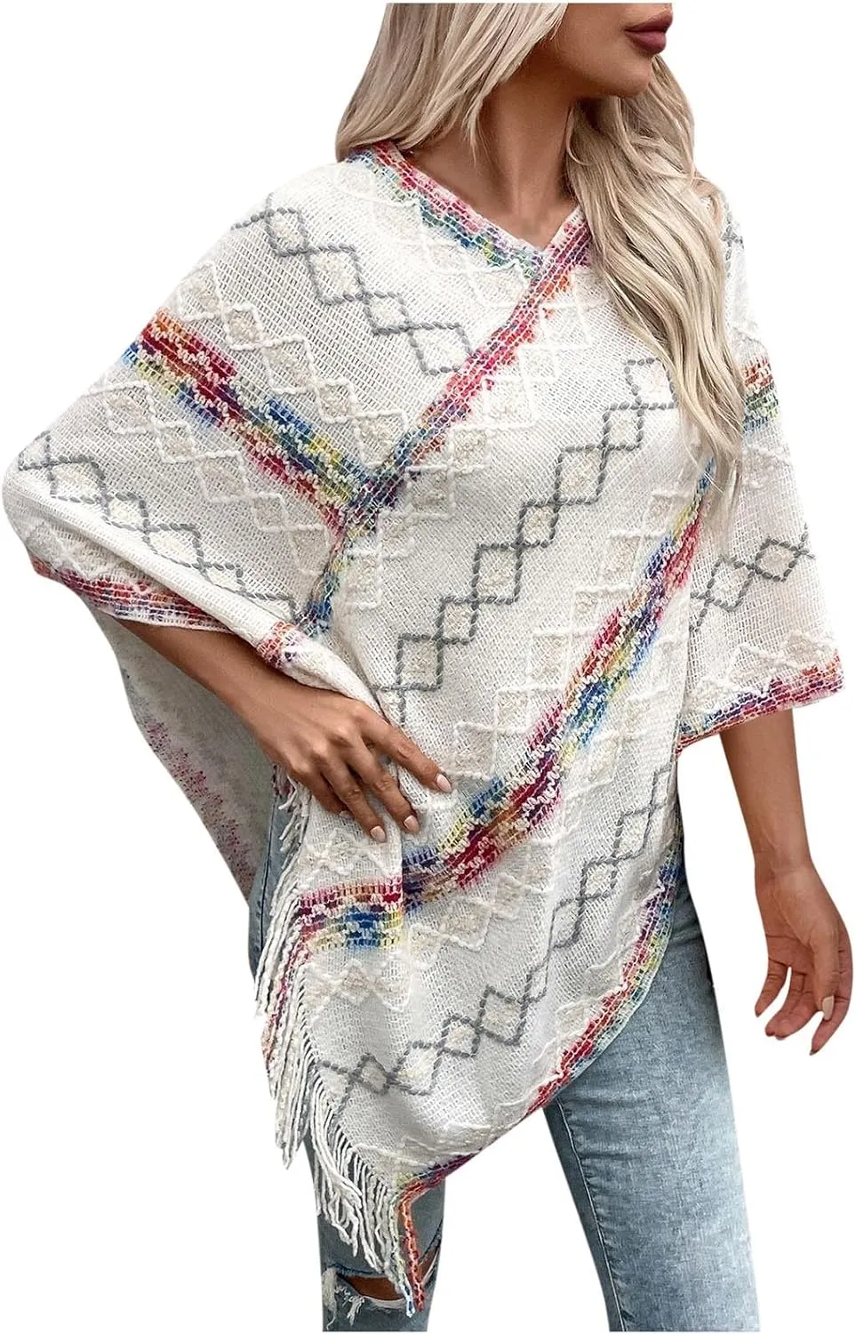 Oplxuo Knit Shawl Wrap Poncho Cape for Women, Ladies Color Block Knitted Cardigan Kimono with Fringe for Fall Winter