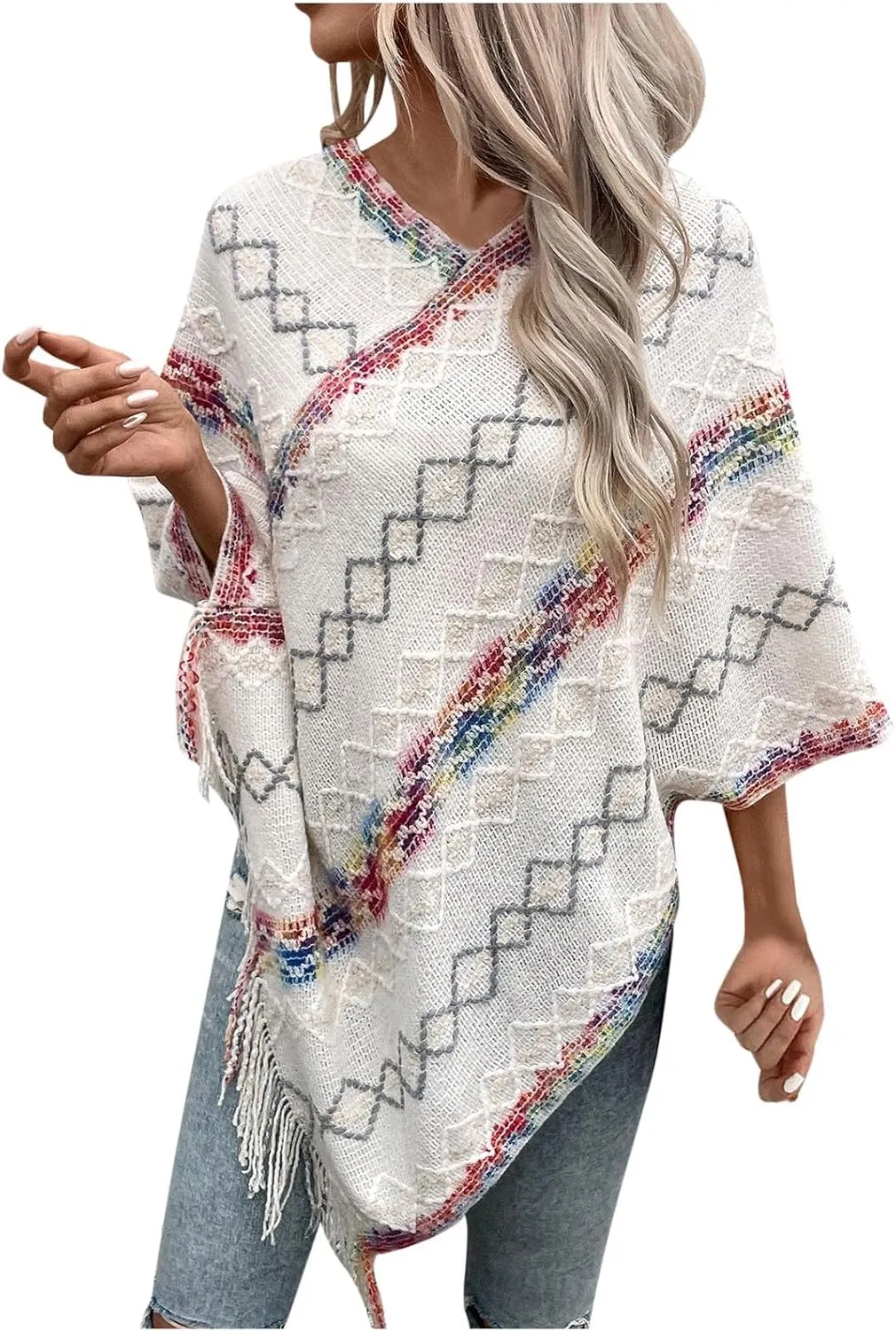 Oplxuo Knit Shawl Wrap Poncho Cape for Women, Ladies Color Block Knitted Cardigan Kimono with Fringe for Fall Winter