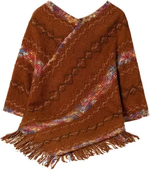Oplxuo Knit Shawl Wrap Poncho Cape for Women, Ladies Color Block Knitted Cardigan Kimono with Fringe for Fall Winter
