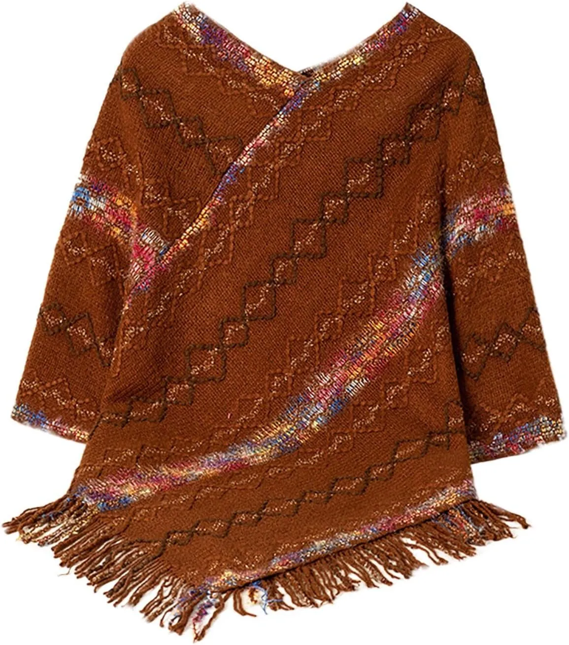 Oplxuo Knit Shawl Wrap Poncho Cape for Women, Ladies Color Block Knitted Cardigan Kimono with Fringe for Fall Winter