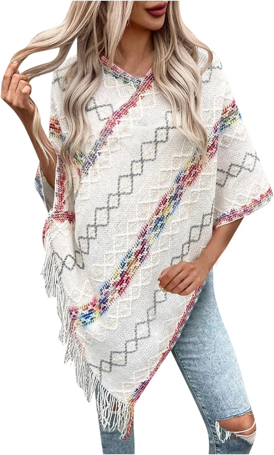 Oplxuo Knit Shawl Wrap Poncho Cape for Women, Ladies Color Block Knitted Cardigan Kimono with Fringe for Fall Winter