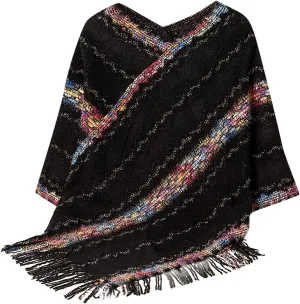 Oplxuo Knit Shawl Wrap Poncho Cape for Women, Ladies Color Block Knitted Cardigan Kimono with Fringe for Fall Winter