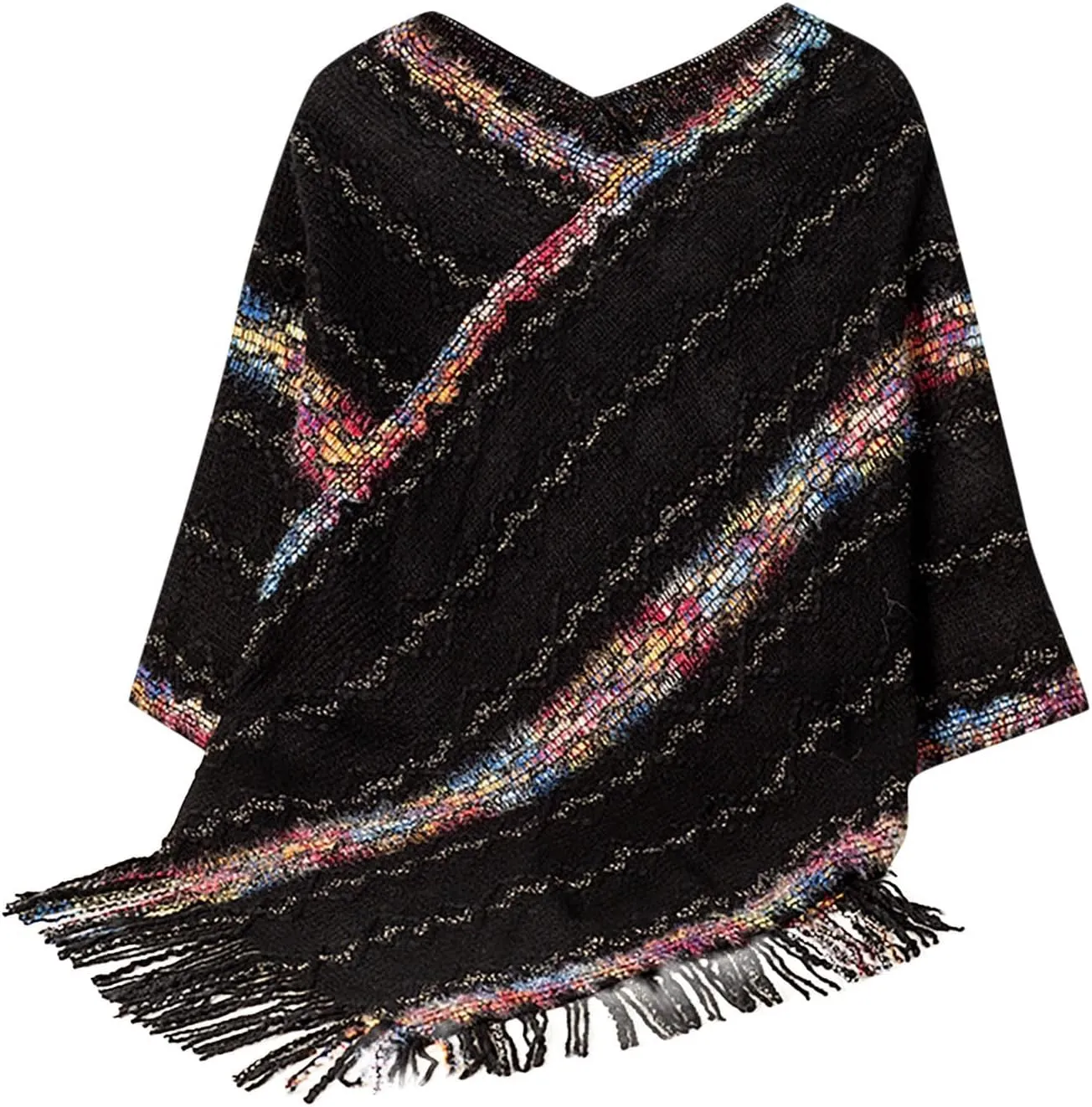 Oplxuo Knit Shawl Wrap Poncho Cape for Women, Ladies Color Block Knitted Cardigan Kimono with Fringe for Fall Winter