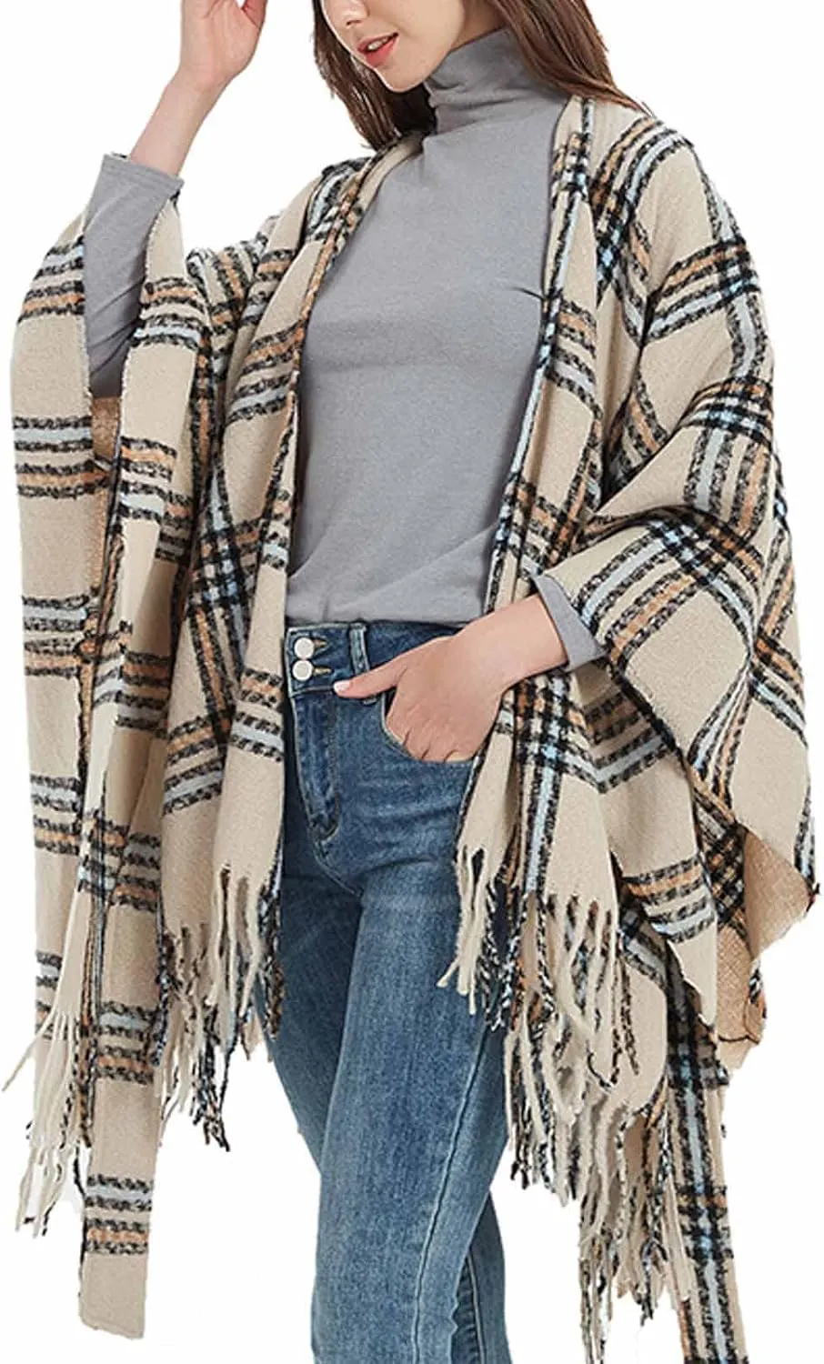 Oplxuo Women Knit Cardigan Poncho Plaid Print Belt Fringed Shawl Wrap Cape Boho Sweater Coat with Tassel Gifts for Women Mom