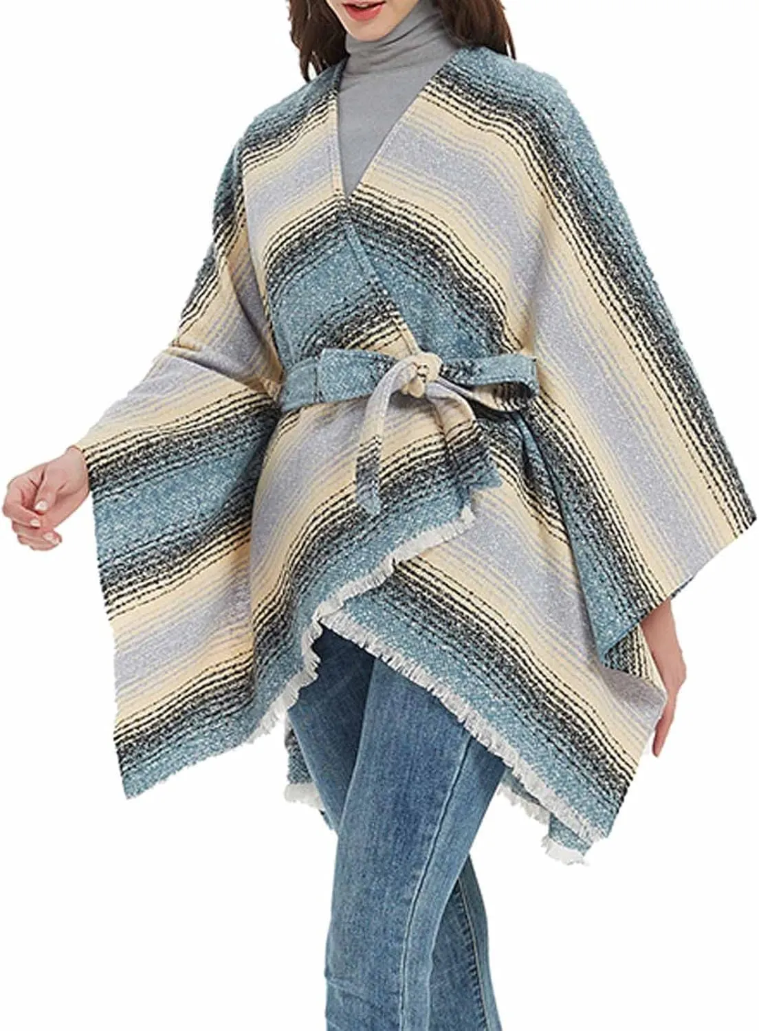 Oplxuo Women Knit Cardigan Poncho Plaid Print Belt Fringed Shawl Wrap Cape Boho Sweater Coat with Tassel Gifts for Women Mom