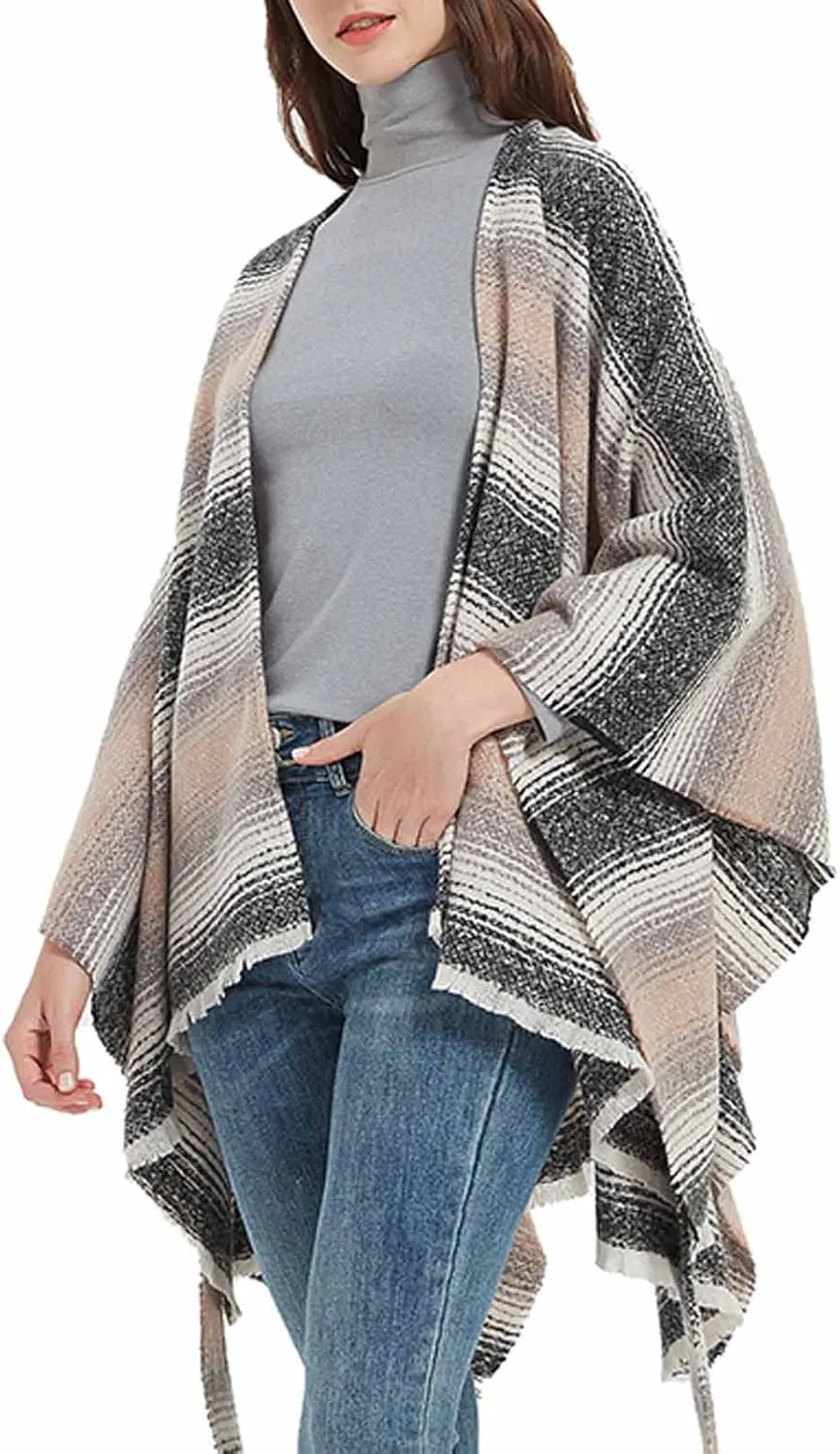 Oplxuo Women Knit Cardigan Poncho Plaid Print Belt Fringed Shawl Wrap Cape Boho Sweater Coat with Tassel Gifts for Women Mom