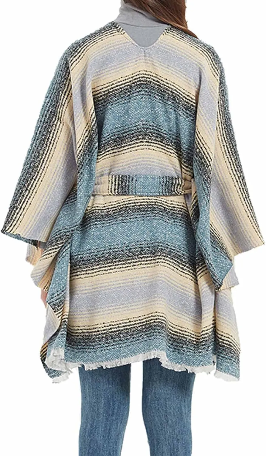 Oplxuo Women Knit Cardigan Poncho Plaid Print Belt Fringed Shawl Wrap Cape Boho Sweater Coat with Tassel Gifts for Women Mom