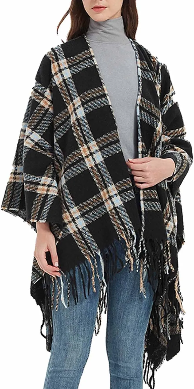 Oplxuo Women Knit Cardigan Poncho Plaid Print Belt Fringed Shawl Wrap Cape Boho Sweater Coat with Tassel Gifts for Women Mom