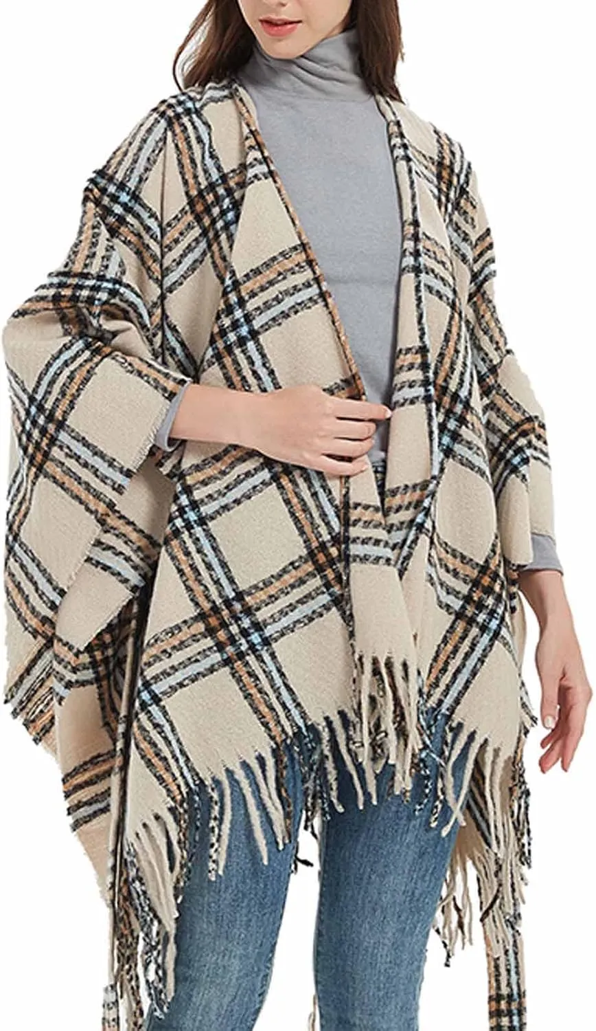 Oplxuo Women Knit Cardigan Poncho Plaid Print Belt Fringed Shawl Wrap Cape Boho Sweater Coat with Tassel Gifts for Women Mom