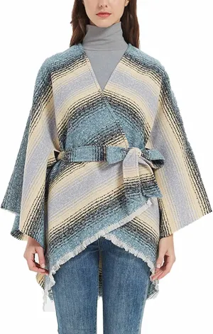 Oplxuo Women Knit Cardigan Poncho Plaid Print Belt Fringed Shawl Wrap Cape Boho Sweater Coat with Tassel Gifts for Women Mom