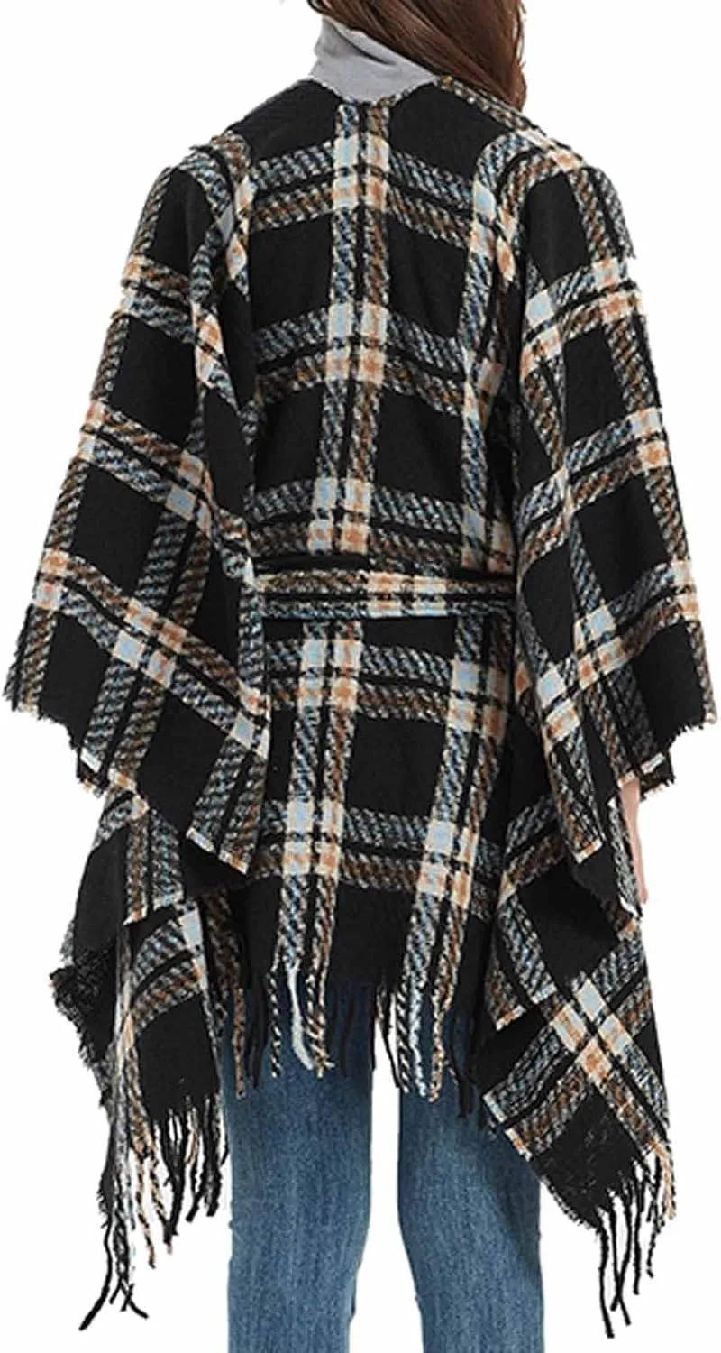 Oplxuo Women Knit Cardigan Poncho Plaid Print Belt Fringed Shawl Wrap Cape Boho Sweater Coat with Tassel Gifts for Women Mom