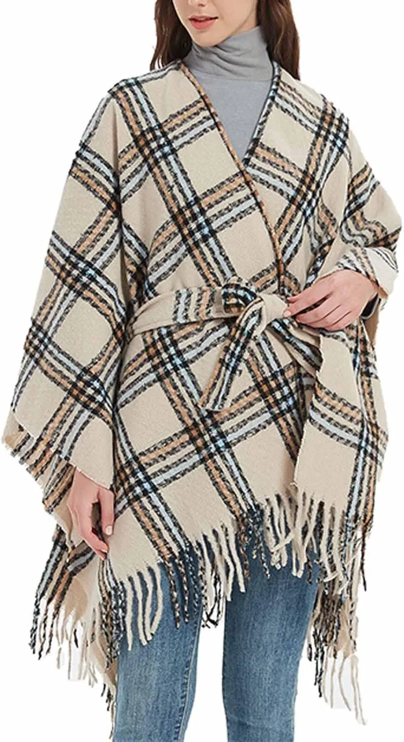 Oplxuo Women Knit Cardigan Poncho Plaid Print Belt Fringed Shawl Wrap Cape Boho Sweater Coat with Tassel Gifts for Women Mom