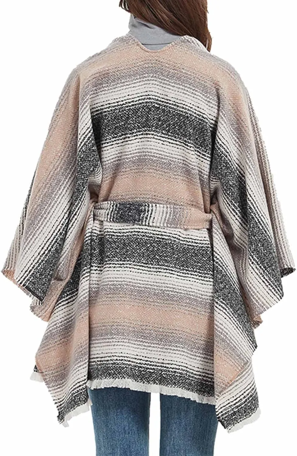 Oplxuo Women Knit Cardigan Poncho Plaid Print Belt Fringed Shawl Wrap Cape Boho Sweater Coat with Tassel Gifts for Women Mom