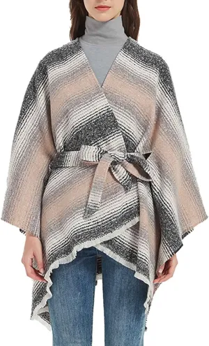 Oplxuo Women Knit Cardigan Poncho Plaid Print Belt Fringed Shawl Wrap Cape Boho Sweater Coat with Tassel Gifts for Women Mom