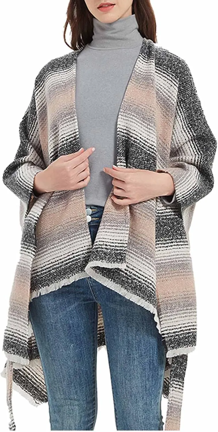 Oplxuo Women Knit Cardigan Poncho Plaid Print Belt Fringed Shawl Wrap Cape Boho Sweater Coat with Tassel Gifts for Women Mom