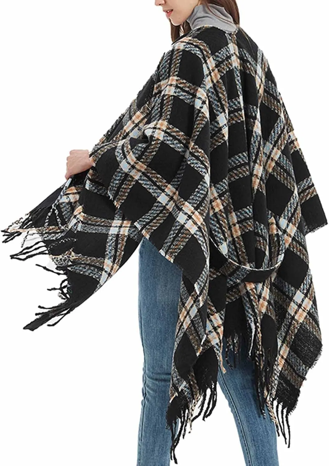Oplxuo Women Knit Cardigan Poncho Plaid Print Belt Fringed Shawl Wrap Cape Boho Sweater Coat with Tassel Gifts for Women Mom