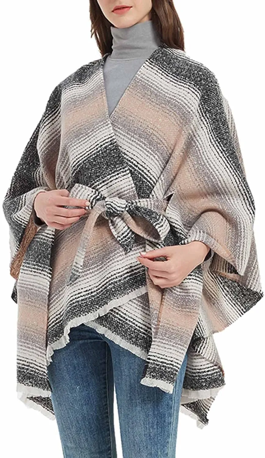 Oplxuo Women Knit Cardigan Poncho Plaid Print Belt Fringed Shawl Wrap Cape Boho Sweater Coat with Tassel Gifts for Women Mom
