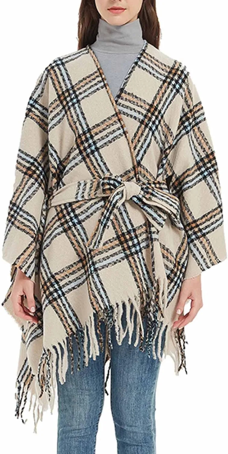 Oplxuo Women Knit Cardigan Poncho Plaid Print Belt Fringed Shawl Wrap Cape Boho Sweater Coat with Tassel Gifts for Women Mom