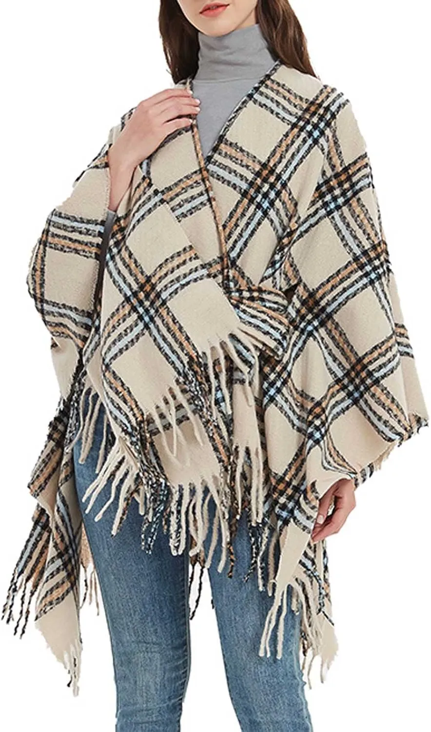 Oplxuo Women Knit Cardigan Poncho Plaid Print Belt Fringed Shawl Wrap Cape Boho Sweater Coat with Tassel Gifts for Women Mom