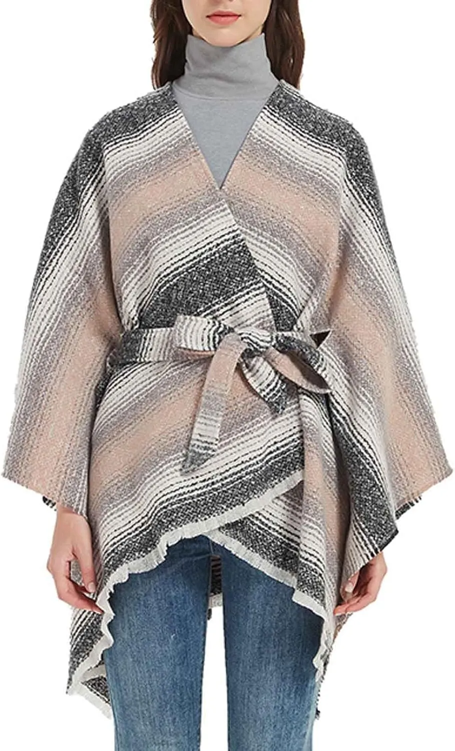 Oplxuo Women Knit Cardigan Poncho Plaid Print Belt Fringed Shawl Wrap Cape Boho Sweater Coat with Tassel Gifts for Women Mom