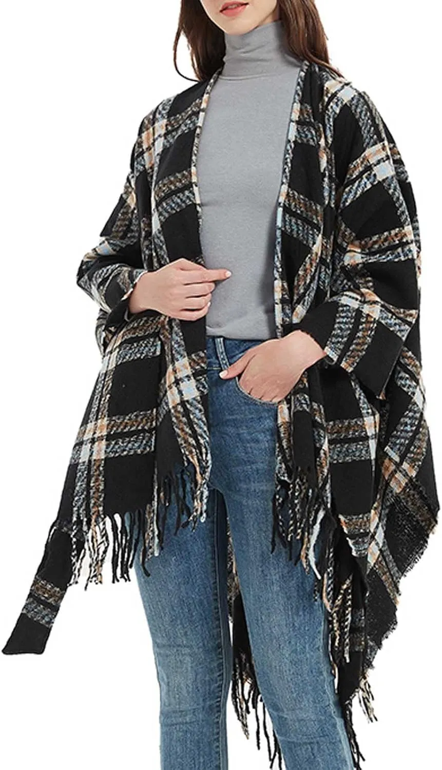 Oplxuo Women Knit Cardigan Poncho Plaid Print Belt Fringed Shawl Wrap Cape Boho Sweater Coat with Tassel Gifts for Women Mom