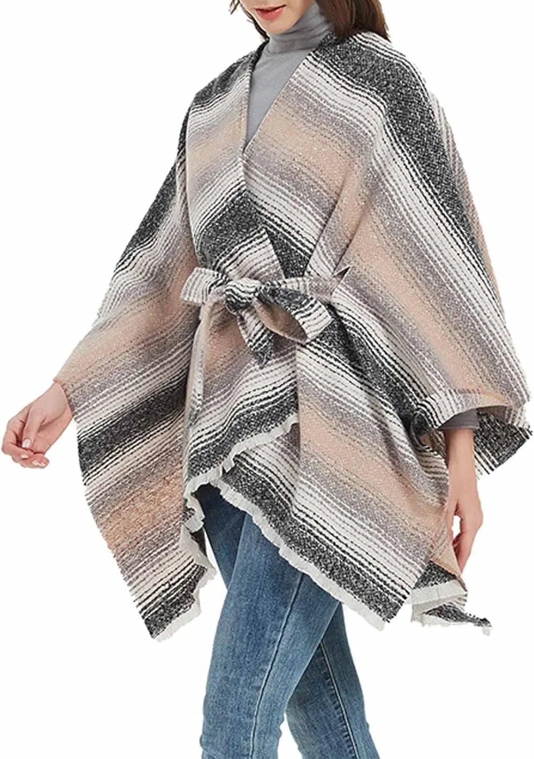 Oplxuo Women Knit Cardigan Poncho Plaid Print Belt Fringed Shawl Wrap Cape Boho Sweater Coat with Tassel Gifts for Women Mom