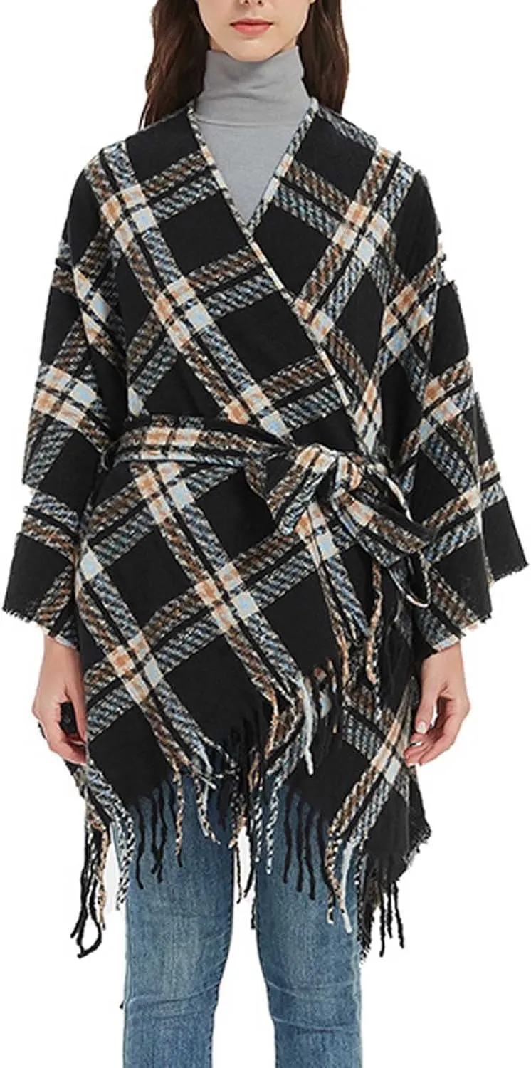 Oplxuo Women Knit Cardigan Poncho Plaid Print Belt Fringed Shawl Wrap Cape Boho Sweater Coat with Tassel Gifts for Women Mom