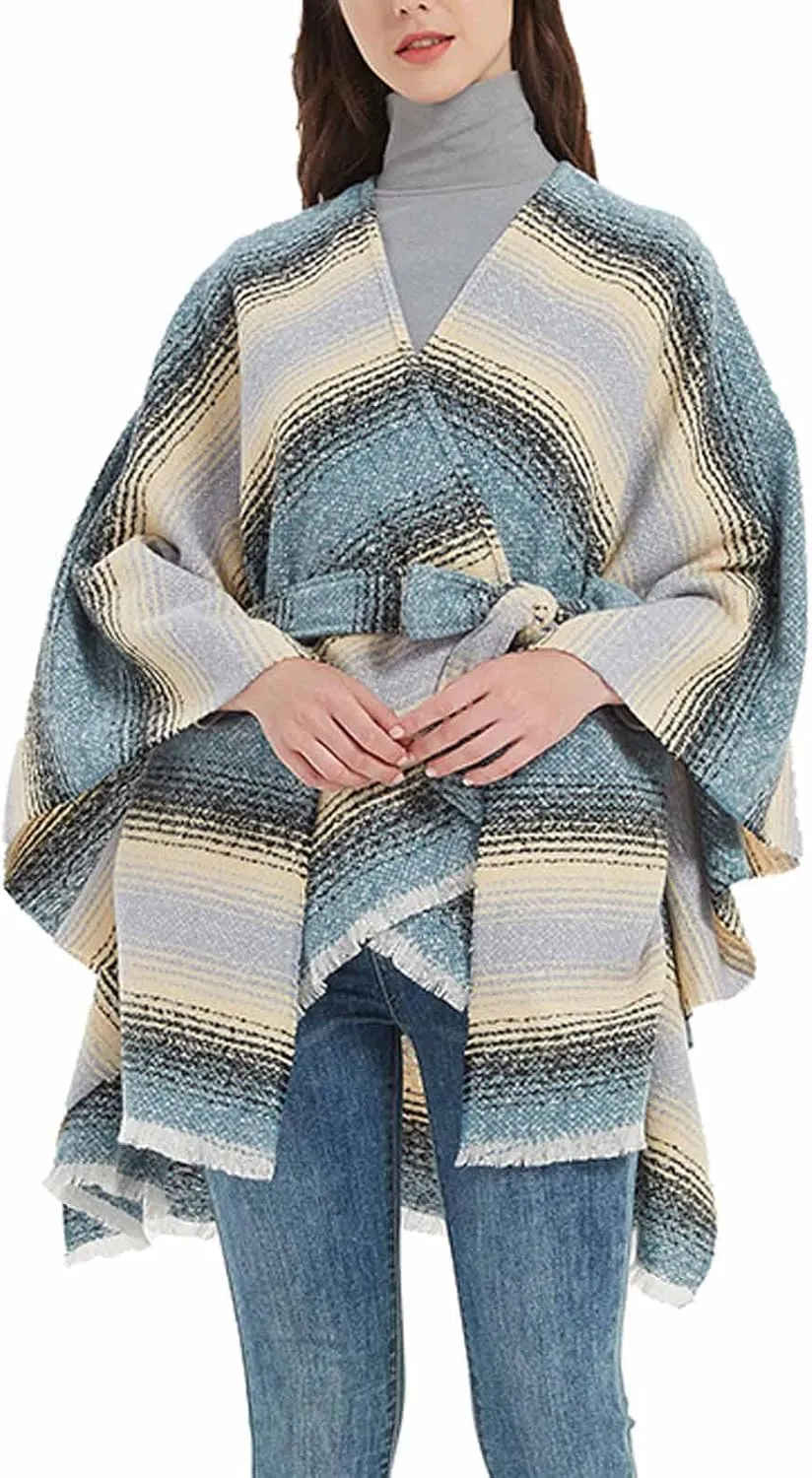 Oplxuo Women Knit Cardigan Poncho Plaid Print Belt Fringed Shawl Wrap Cape Boho Sweater Coat with Tassel Gifts for Women Mom