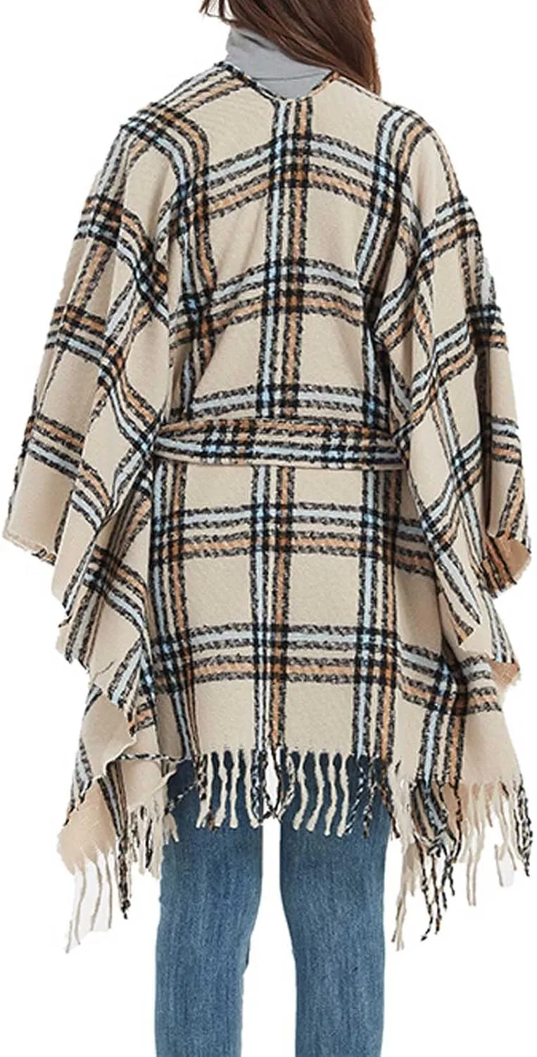 Oplxuo Women Knit Cardigan Poncho Plaid Print Belt Fringed Shawl Wrap Cape Boho Sweater Coat with Tassel Gifts for Women Mom