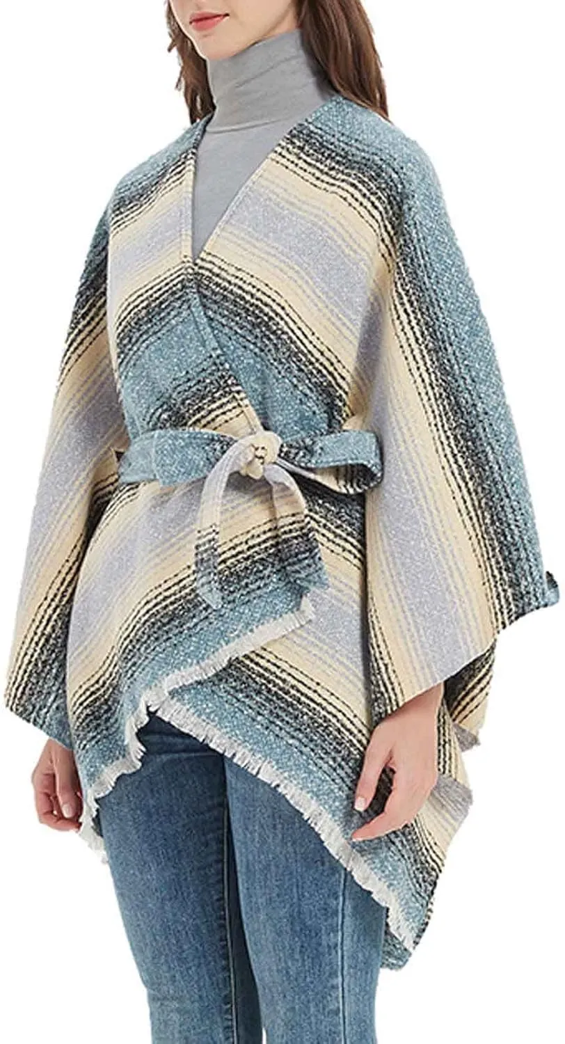 Oplxuo Women Knit Cardigan Poncho Plaid Print Belt Fringed Shawl Wrap Cape Boho Sweater Coat with Tassel Gifts for Women Mom